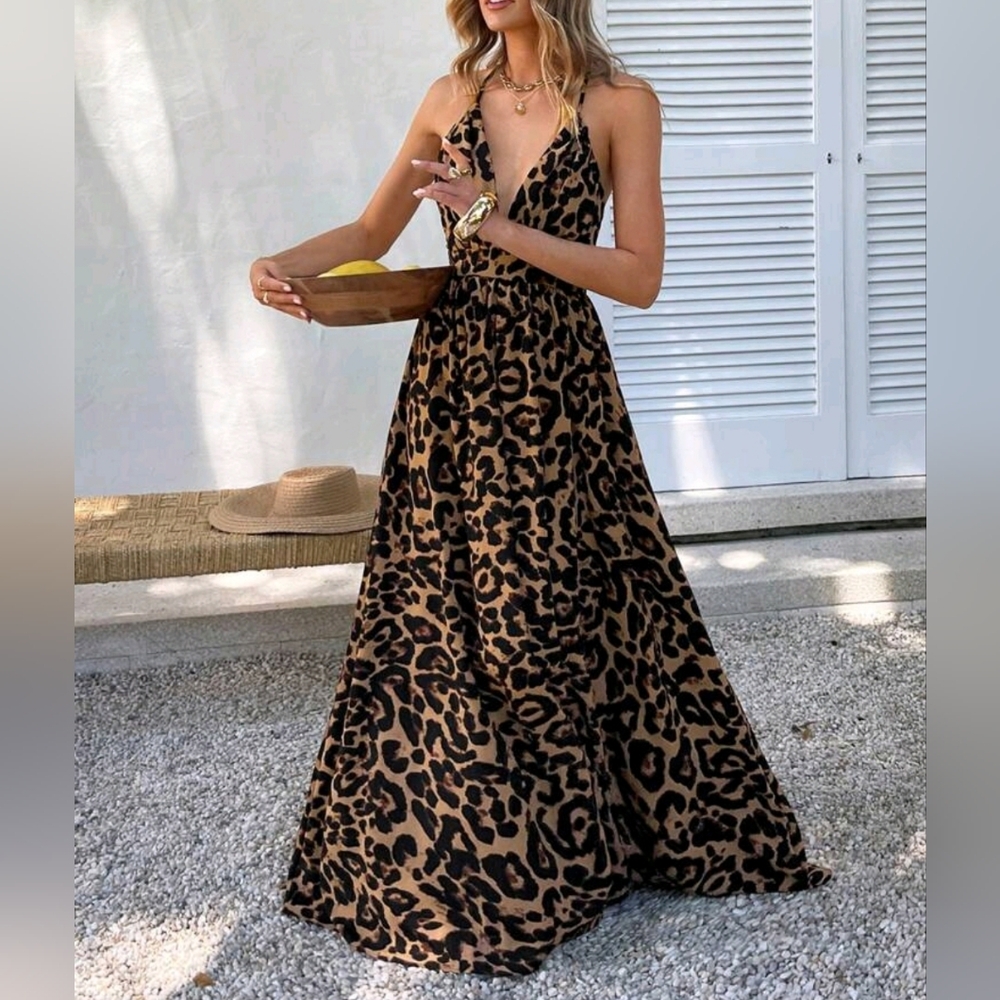 New Flowy Boho Leopard Print Maxi Dress Plunge V Neck Halter Long Black Brown - Picture 6 of 11